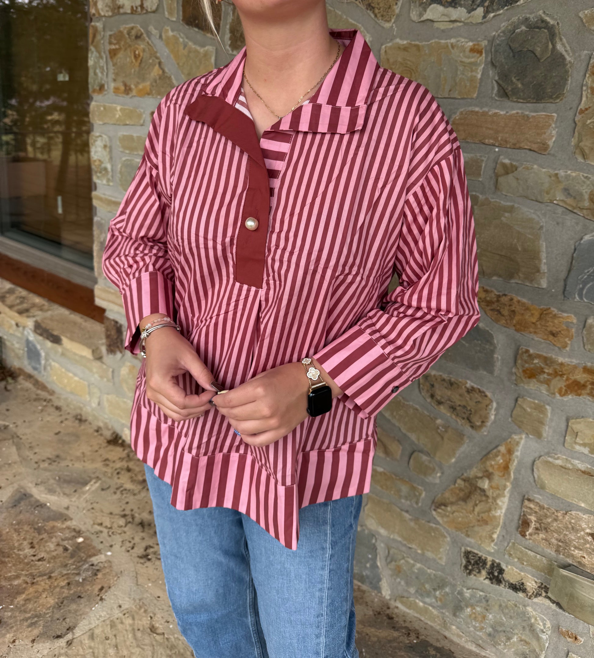 Burgundy & Pink Pearl Button