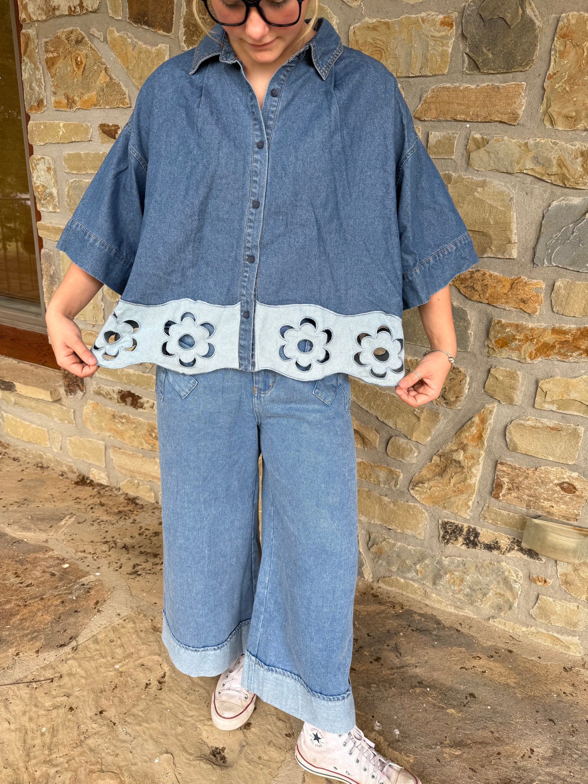 Flower Denim Button Up