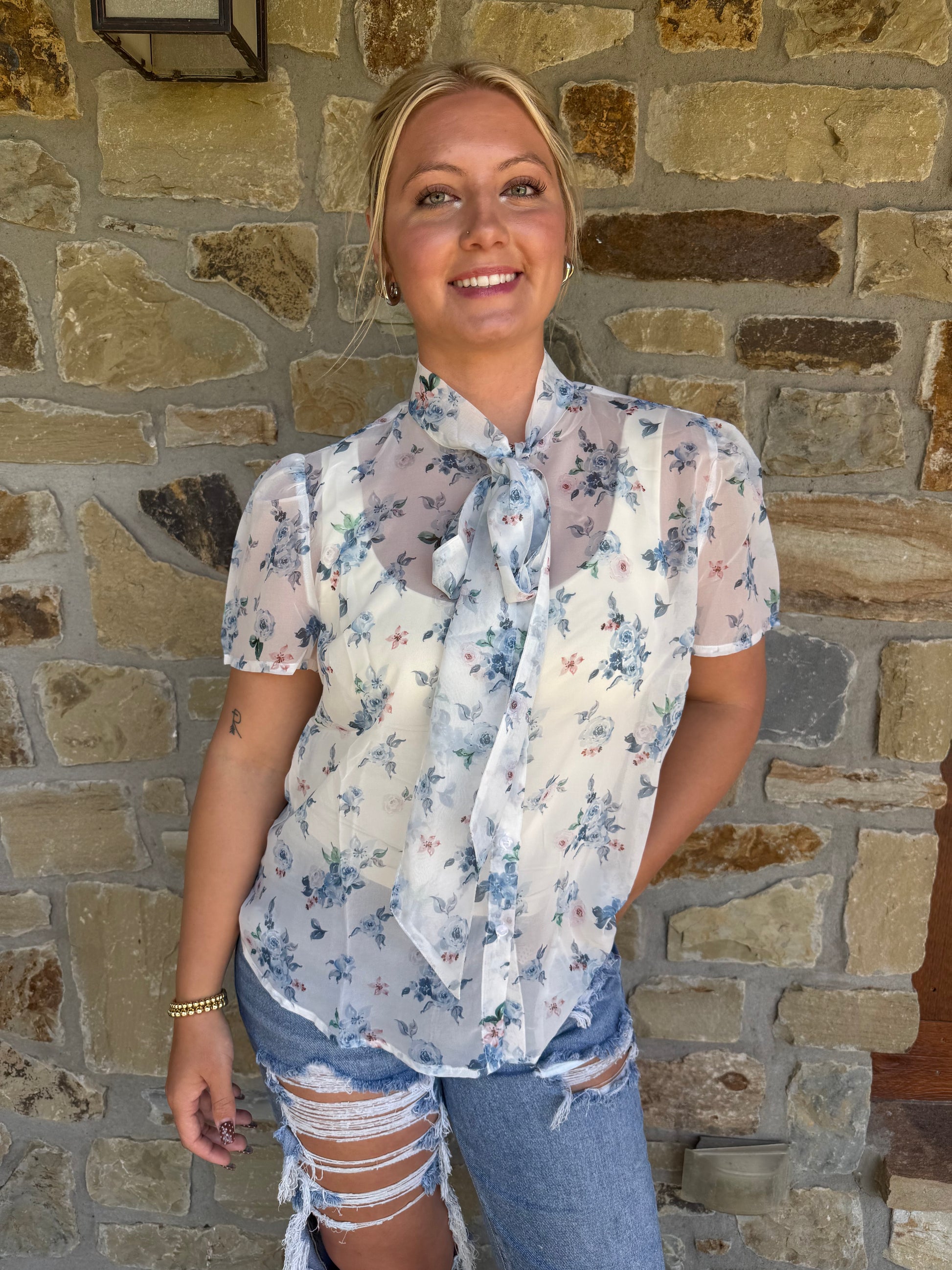 Blue Floral Tie Top