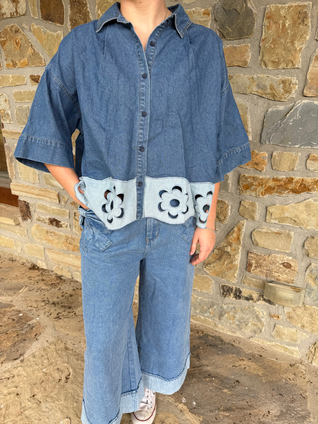 Flower Denim Button Up